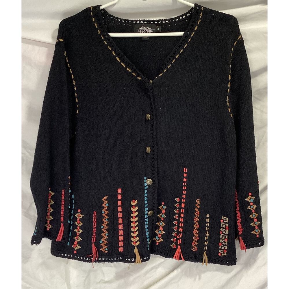 ICELANDIC DESIGN Womens Sweater Black Cotton Knit Silk Patchwork Trim Cardigan M